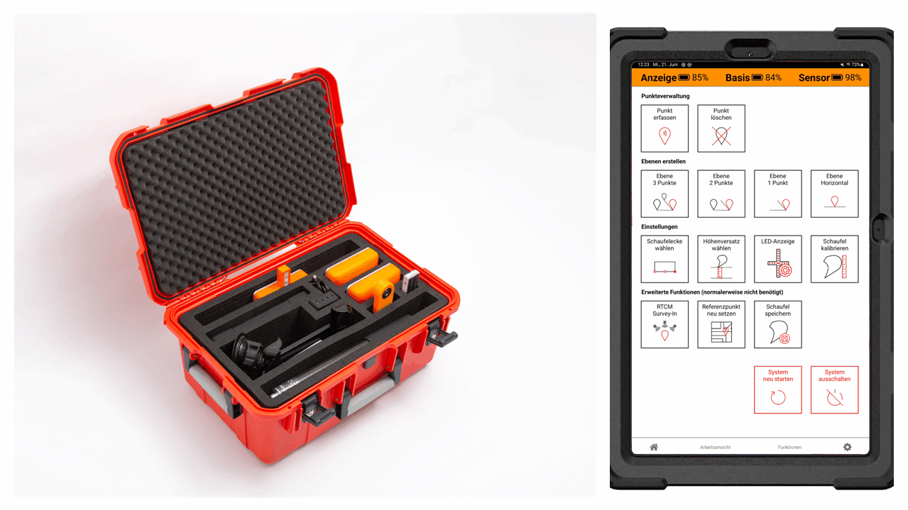 Collage der Systemeinheit des GNSS-Assistenzsystem excav PILOT sowie des Nutzer-Tablets mit Menüpunkten 2