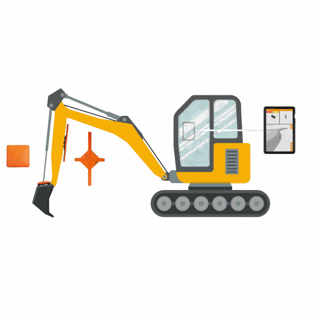 Schematische Collage Gesamtsystem Mobiles 3D-GNSS-Assistenzsystem excav PILOT 2025 für präzise Erdarbeiten im Tiefbau der excav GmbH