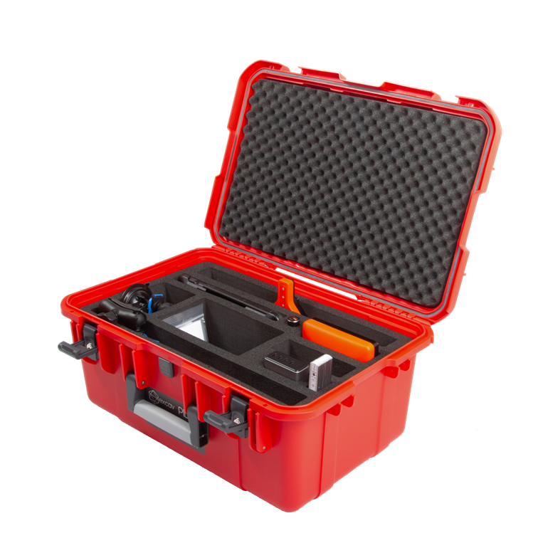 excav Gesamtsystem im Transportkoffer mit Schaumstoffinlets Mobiles 3D-GNSS-Assistenzsystem excav PILOT 2025 für präzise Erdarbeiten im Tiefbau der excav GmbH