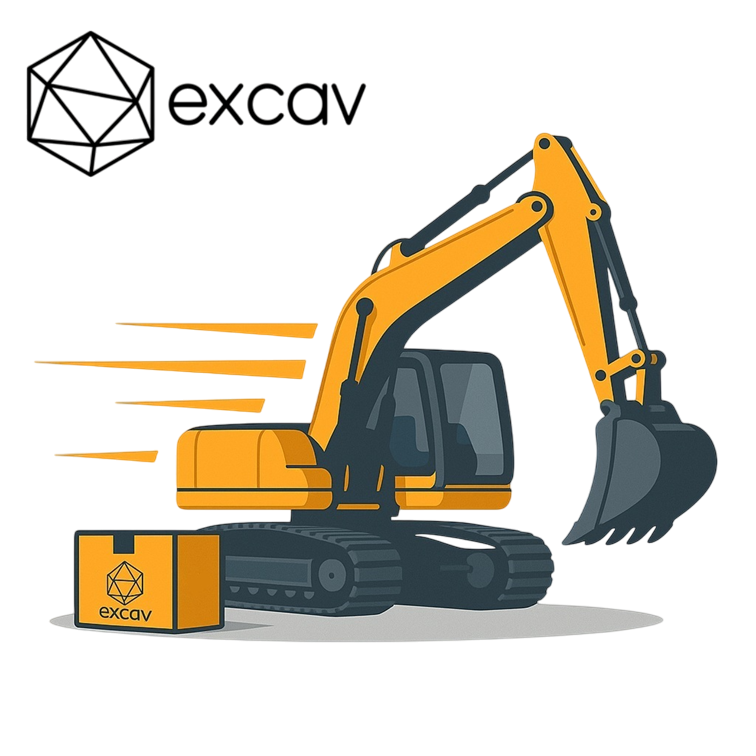 KI-Bild mit ChatGPT Darstellung excav Care Service mit gelbem Bagger für das 3D-GNSS-Assistenzsystem excav PILOT der excav GmbH