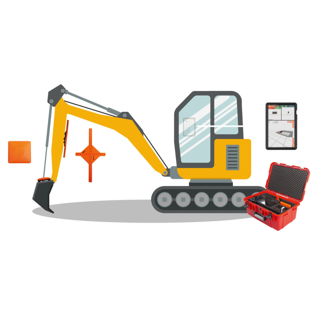 Schematische Collage Gesamtsystem Mobiles 3D-GNSS-Assistenzsystem excav PILOT 2026 für präzise Erdarbeiten im Tiefbau der excav GmbH