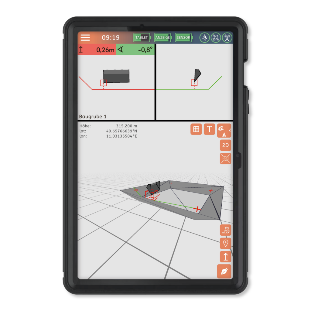 Mockup Samsung Galaxy Tablet Ansicht Mobiles 3D-GNSS-Assistenzsystem excav PILOT für präzise Erdarbeiten im Tiefbau excav GmbH 3D-DGM-Anwendung 2026
